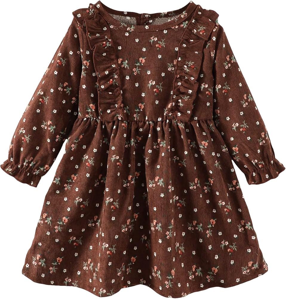 Verdusa Toddler Girl's Long Sleeve Frilled Floral Print A Line Smock Dress