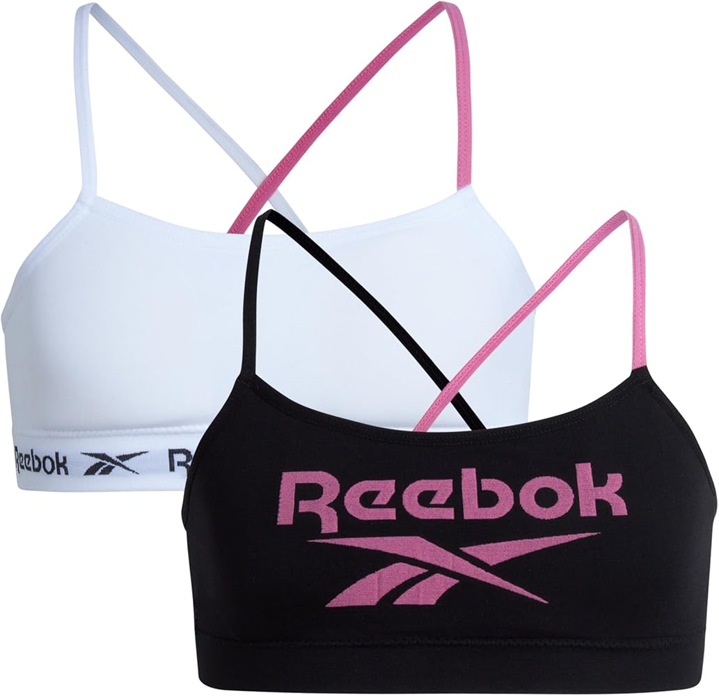 Reebok Girls' Training Bras - 2 Pack Racerback Crop Cami Bralette with Removable Pads - Soft Seamless Bra for Girls (6-16)