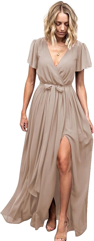 BOLENSYE Women's V Neck Bridesmaid Dresses with Sleeves A Line Chiffon Long Formal Slit Evening Party Gowns