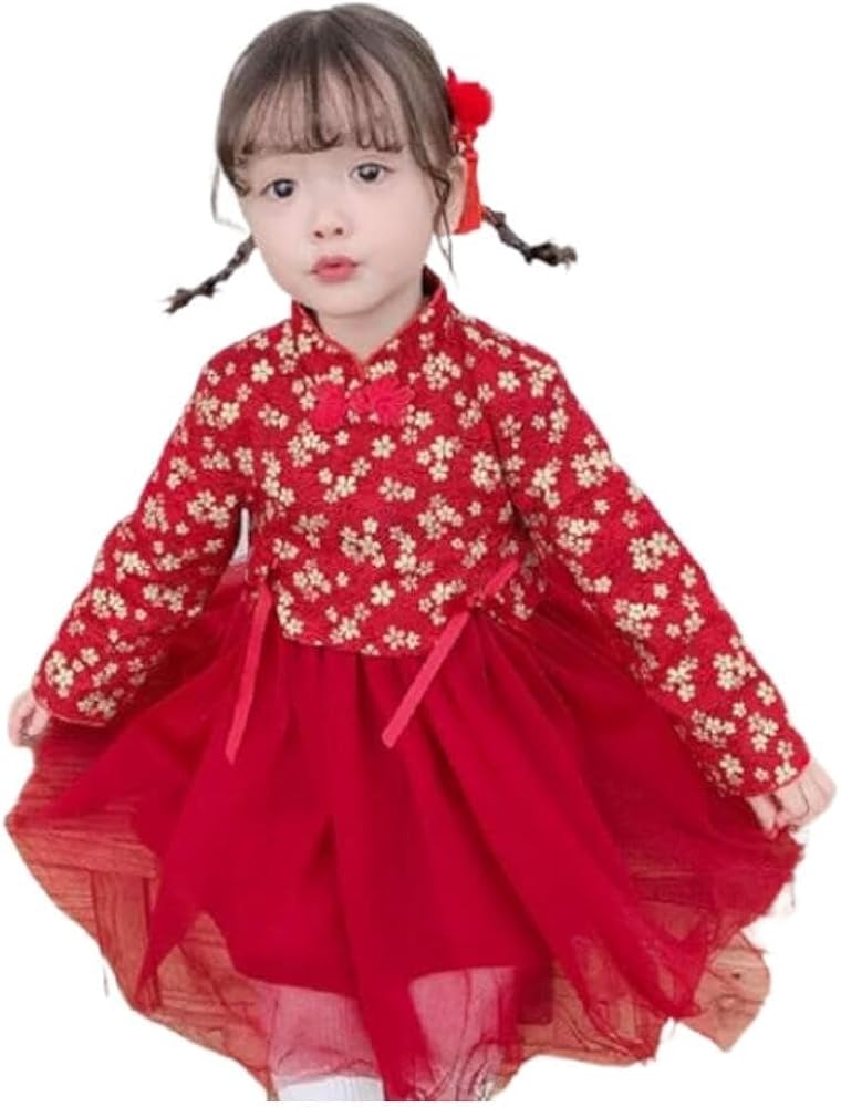 Quenny Winter New Girls' Velvet Chinese Style Dress with Bronzing Flower. (Small)