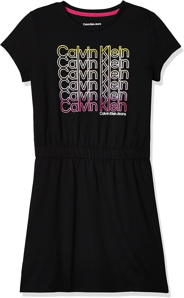 Calvin Klein Girls' Short Sleeve Cotton Logo Dress, Elastic Cinched Waist & Tagless Interior