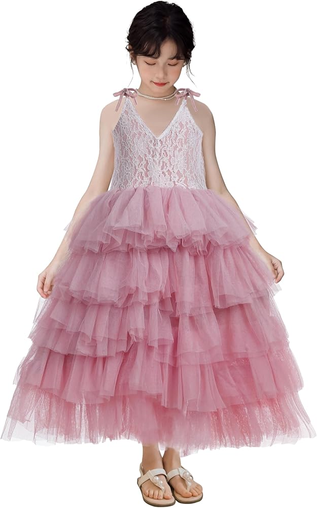 Flower Girl Dress for Wedding, Girls Full Length Fancy Tutu Tulle Tiered Lace Party Dresses