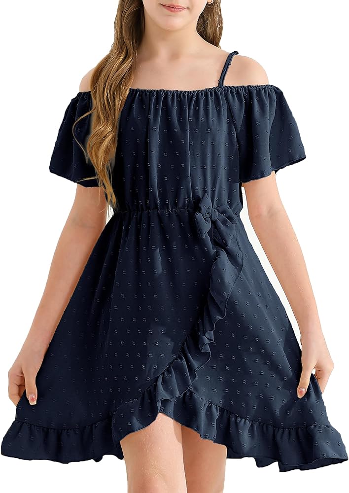 Girls Spring Summer Dress Adjustable Strap Cold Shoulder Short Sleeve Party Beach A-Line Midi Dress Size 6-14