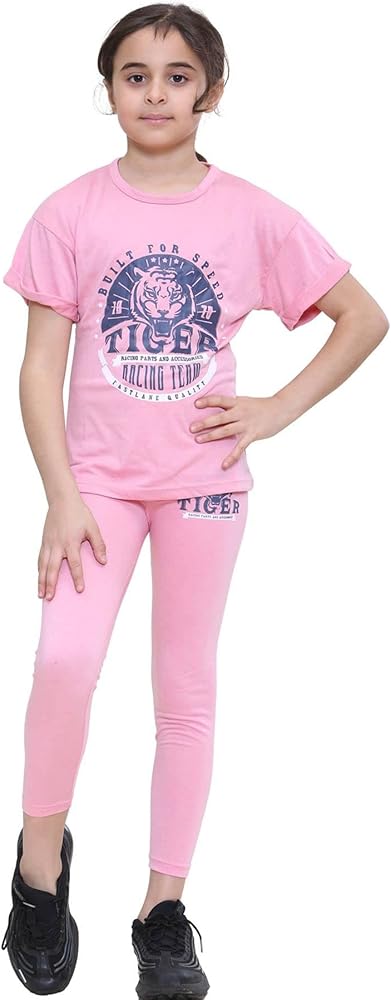 Girls Top Kids Short Sleeves Tiger Racing Team Print T Shirt & Legging Set