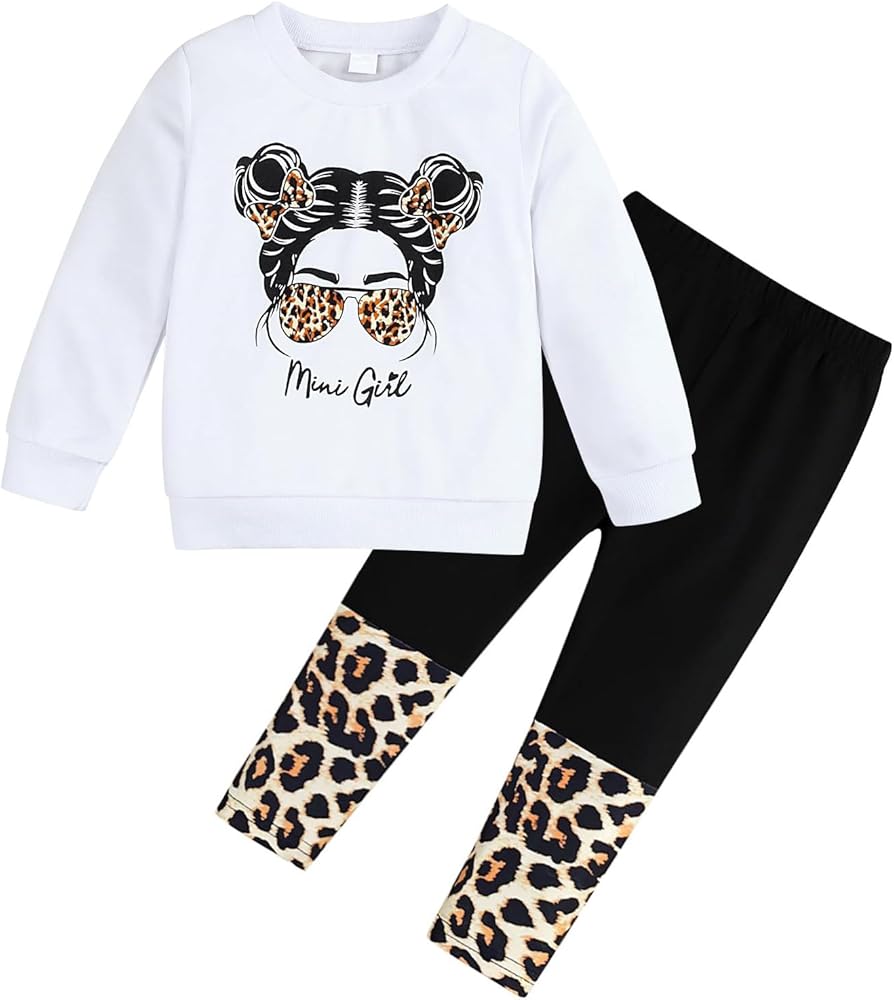 Girls 2 Piece Outfits Letter Figure Graphic Sweatshirts Top + Black Leopard Legging Kids Clothing Set