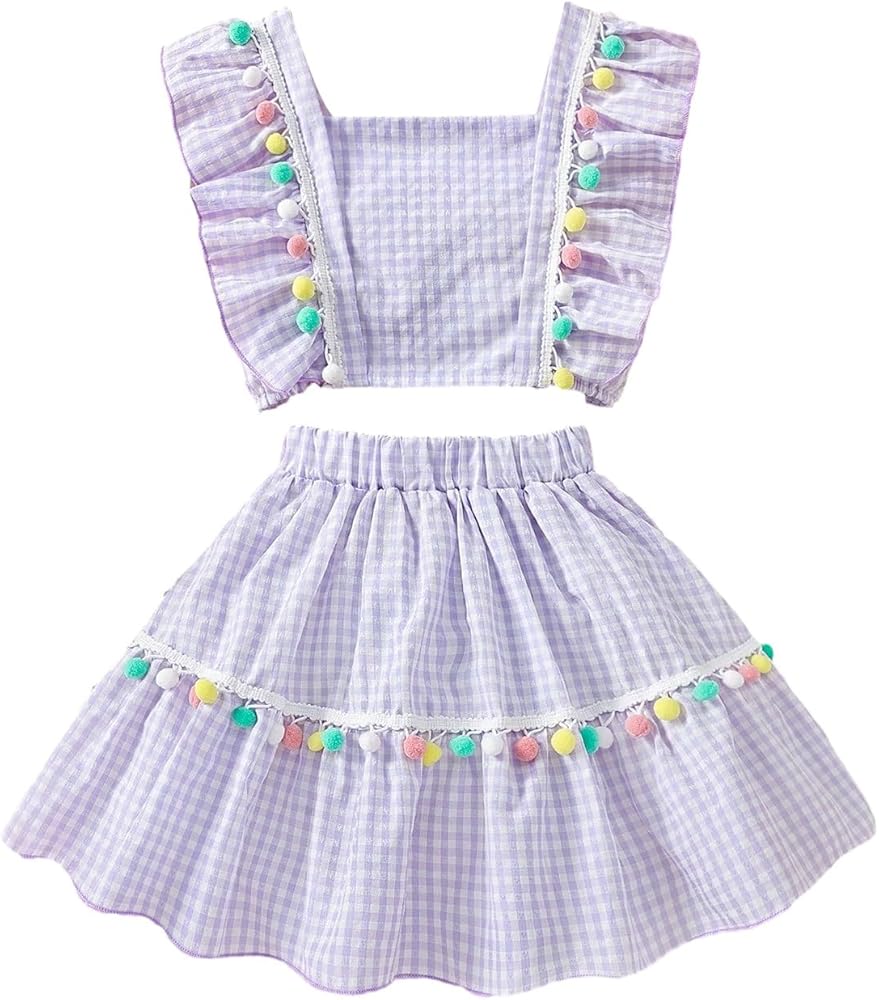 Girl's 2 Piece Gingham Print Sleeveless Ruffle Trim Square Neck Pom Pom Blouse Top and Skirt Sets