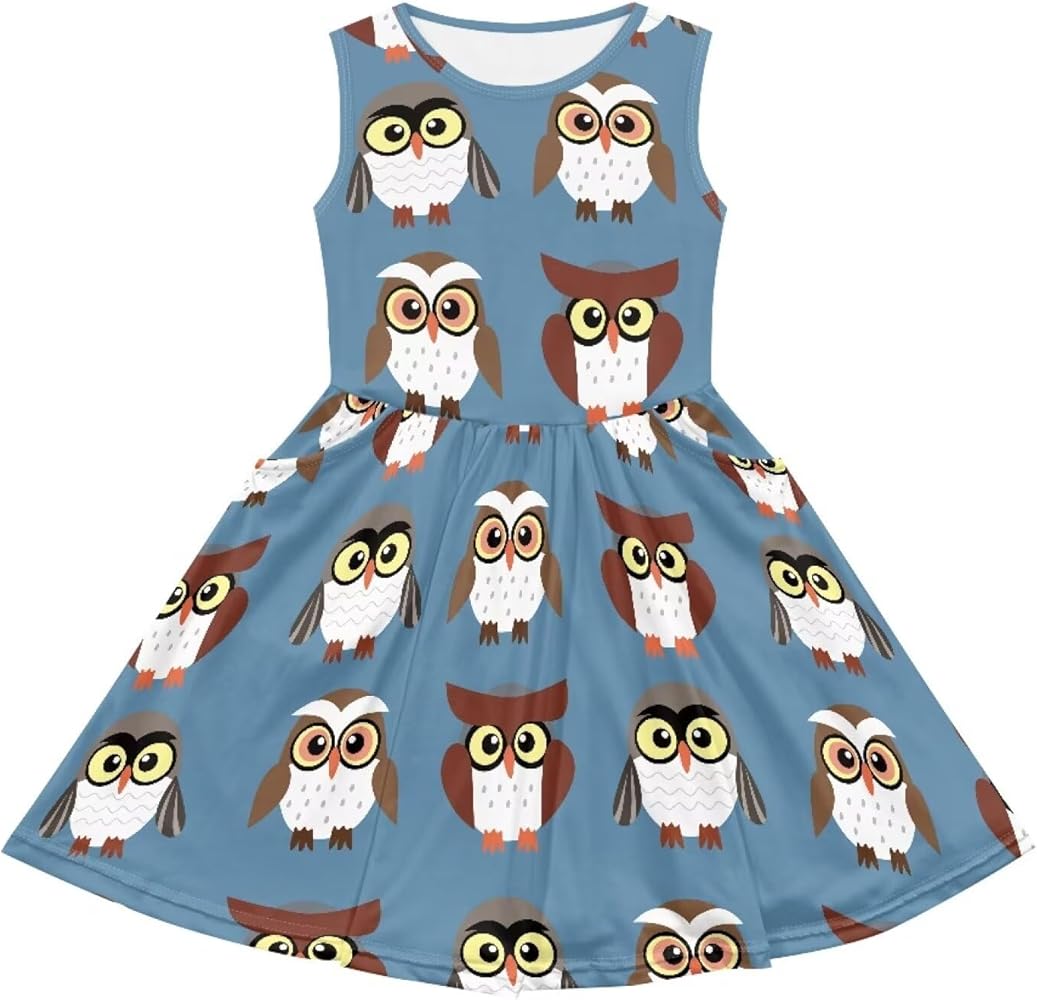 Cute Cartoon Animal Sundress for Girls Swing Loose Fit Sleeveless Summer Dress with Side Pocket