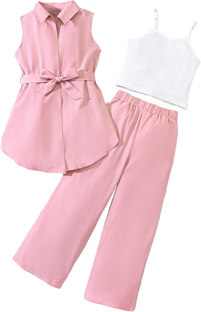 OYOANGLE Girl's 3 Piece Outfits Solid Cami Top and Wide Leg Pants with Sleeveless Belted Vest Shirt Tops Set