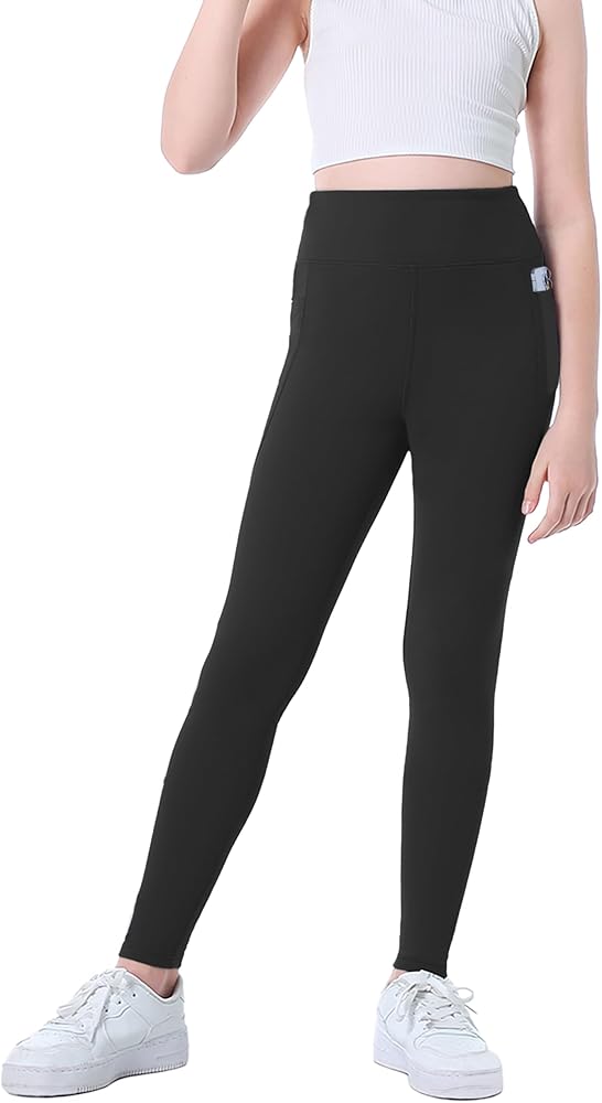 Girls High Waisted Yoga Pants UPF 50+ Buttery Soft Leggings with Pockets Youth Althletic Workout Running Tight Joggers Black 13 14