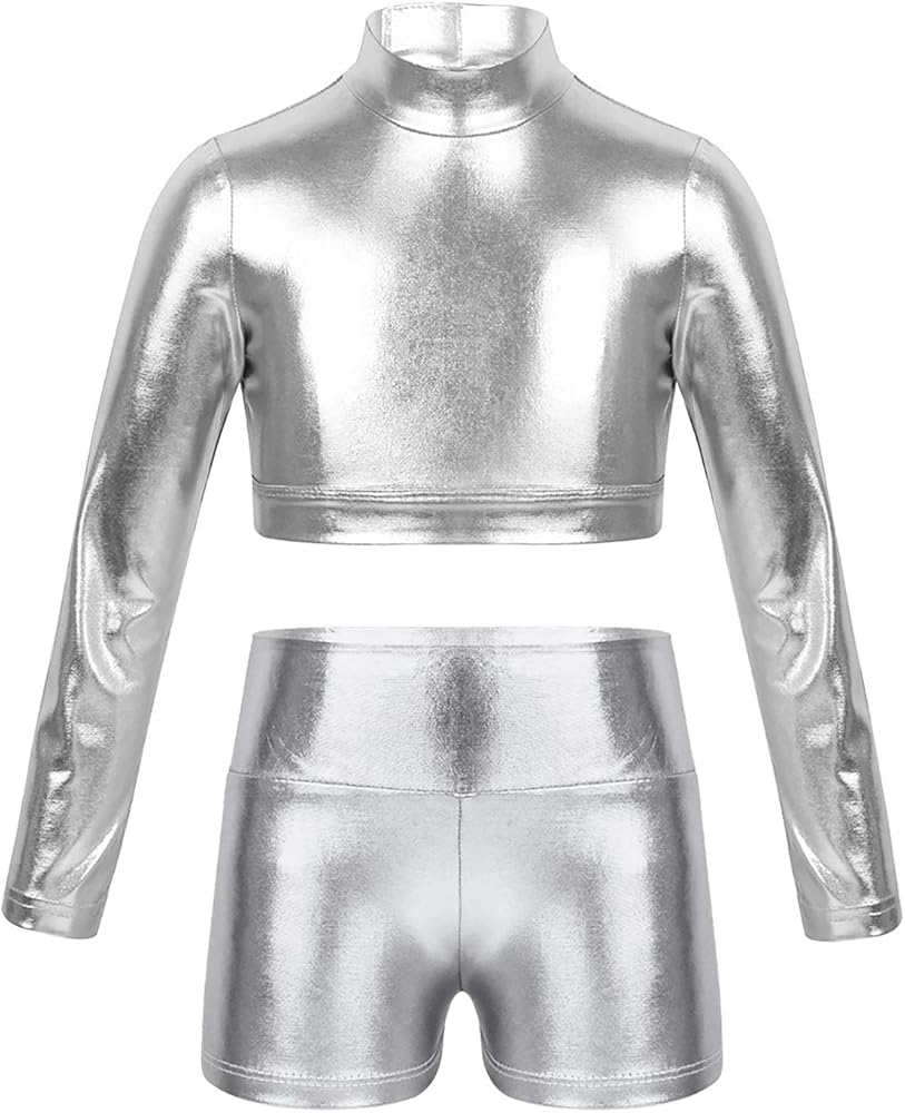 TiaoBug Kids Girls Long Sleeves Crop Top with Booty Shorts Dancewear Shiny Metallic Leotard Dancewear Athletic Shorts Set