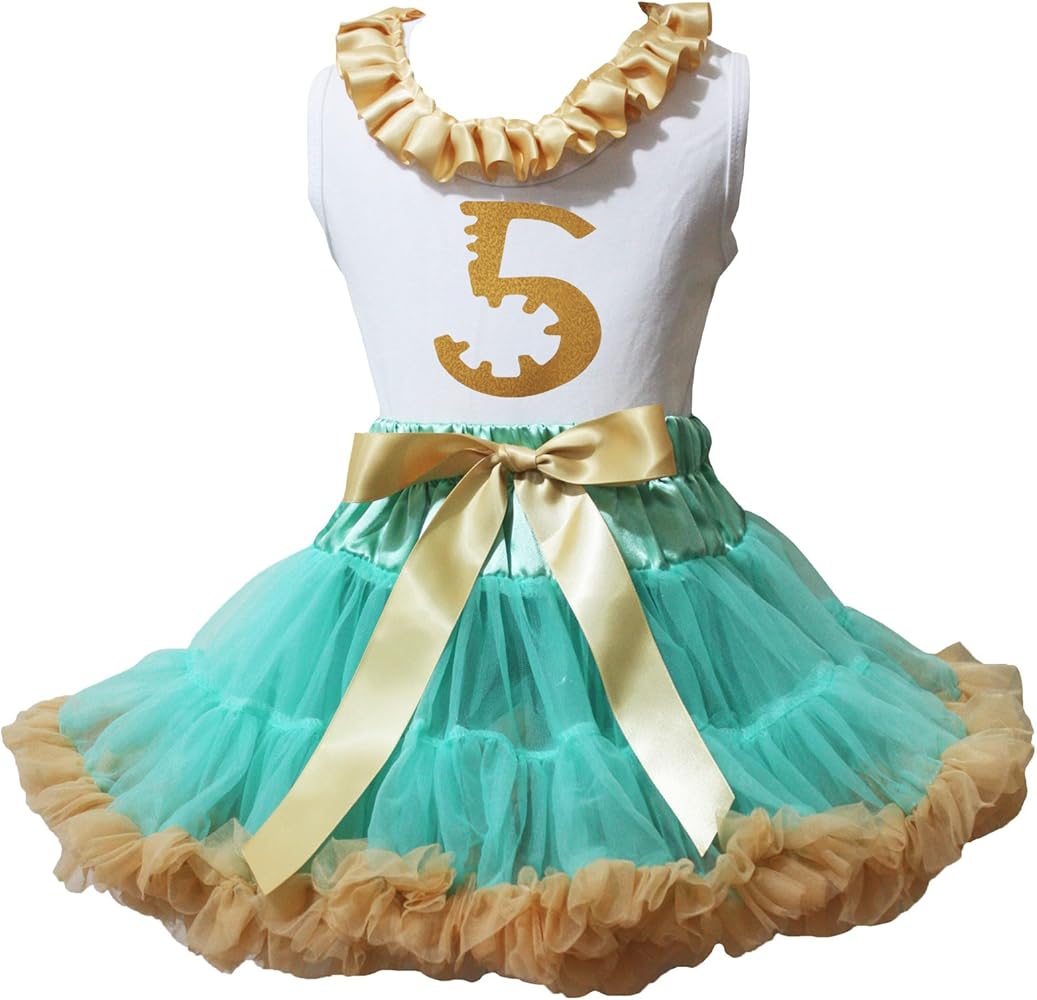 Petitebella Dress Neck Ruffle Birthday 5th Shirt Aqua Blue Gold Girl Skirt 1-8y