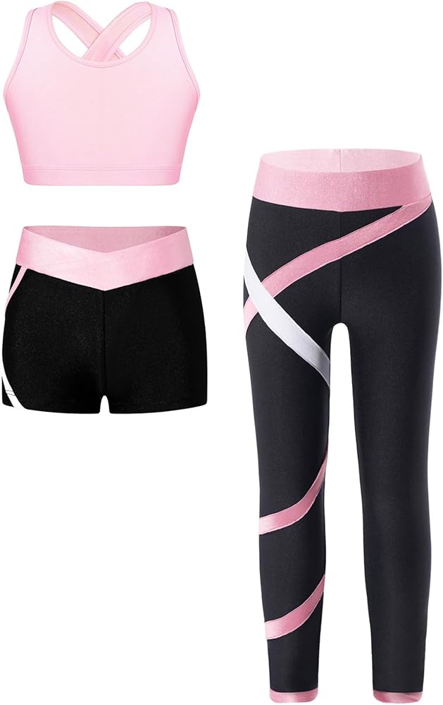 YiZYiF 3 Pcs Dance Outfit Athletic Tracksuit Gymnastic Yoga Suit Cutout Back Crop Top with Shorts Pants Set