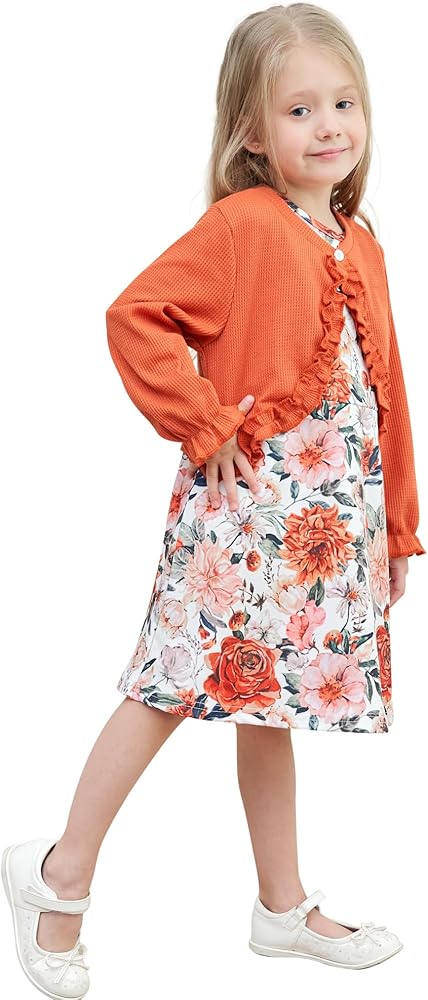 Toddler Girl Dress with Cardigan 2 Piece Outfits Girls Floral Dress and Long Sleeves Shrugs Set