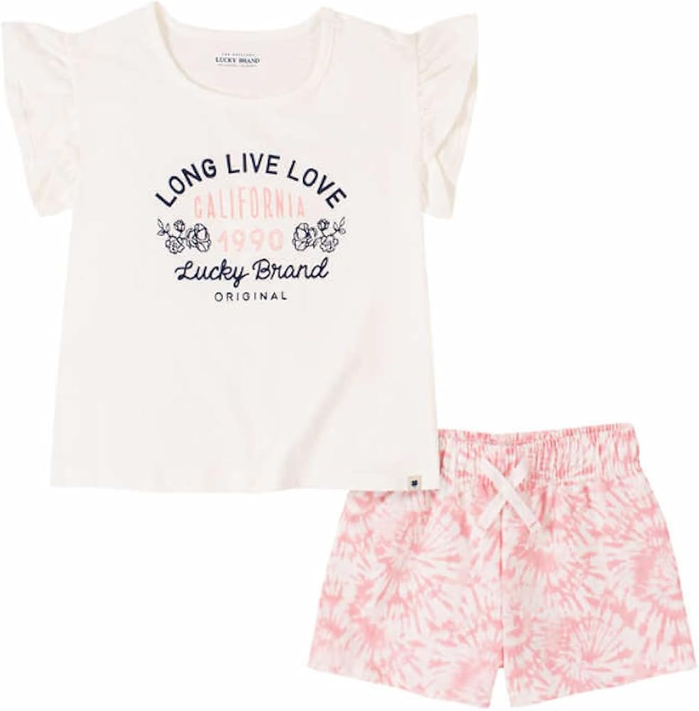 Lucky Brand Little Girl's 2 Piece Outfit Set, 1 Tee and 1 Short (White/Pink, 4T)