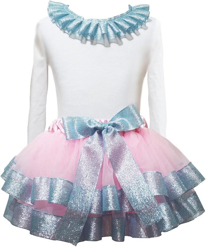 Petitebella Neck Ruffle White L/s Shirt Light Blue Ribbon Pink Petal Skirt Nb-8y