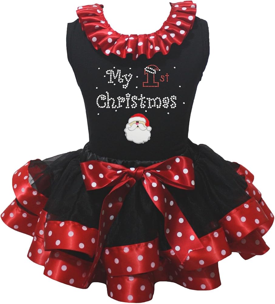 Petitebella My 1st Christmas Santa Shirt Red White Dots Black Petal Skirt Nb-8y