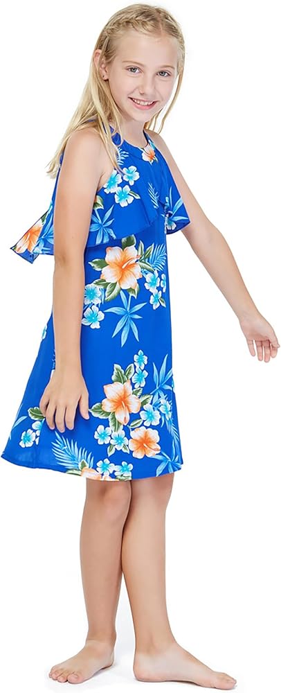 Girl Hawaiian Round Neck with Ruffle Dress in Hibiscus