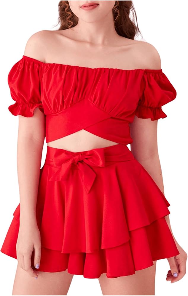 Floerns Girl's Two Piece Outfit Off Shoulder Puff Sleeve Crop Top with Layered Skirts Set