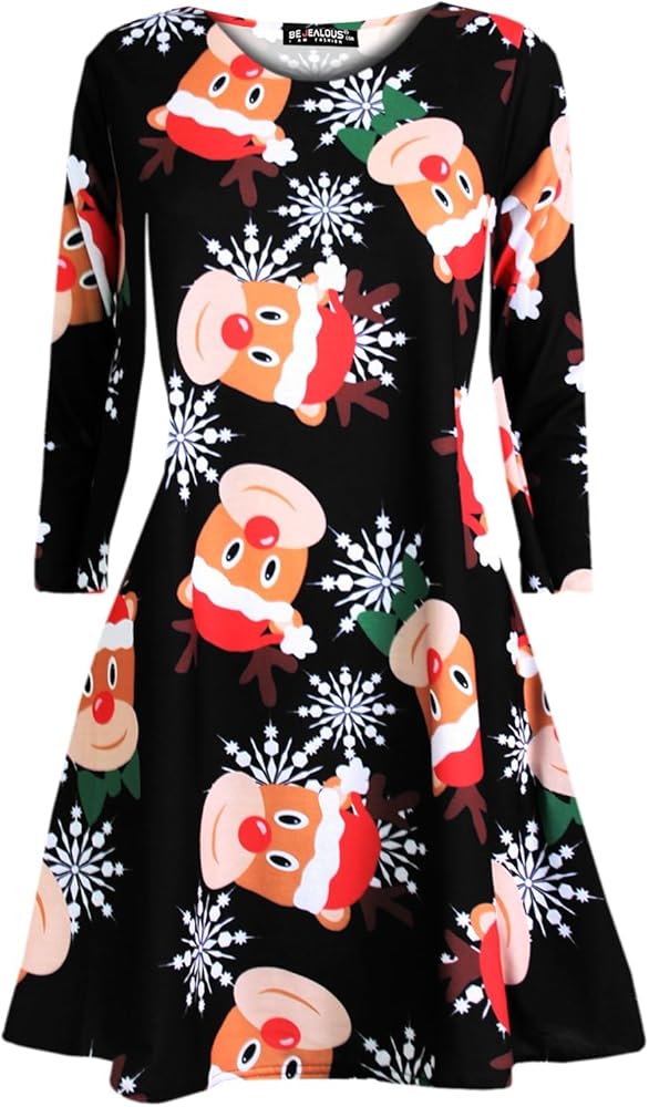 Oopsoutlet New Girl's Christmas Santa Pudding Scarf Reindeer Snowman Swing Dress