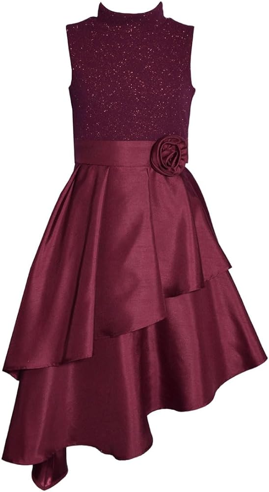 Bonnie Jean Girls 7-16 Burgundy Sparkle Knit Shantung Asymmetrical Dress