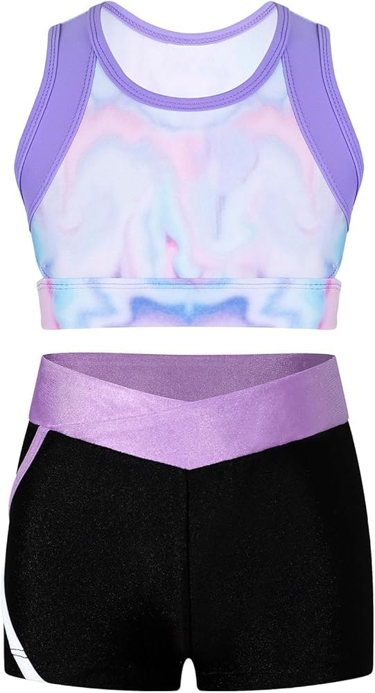 Moily Kids Girls 2 Piece Gymnastics Ballet Dance Outfit Sports Crop Top with Booty Shorts Activewear