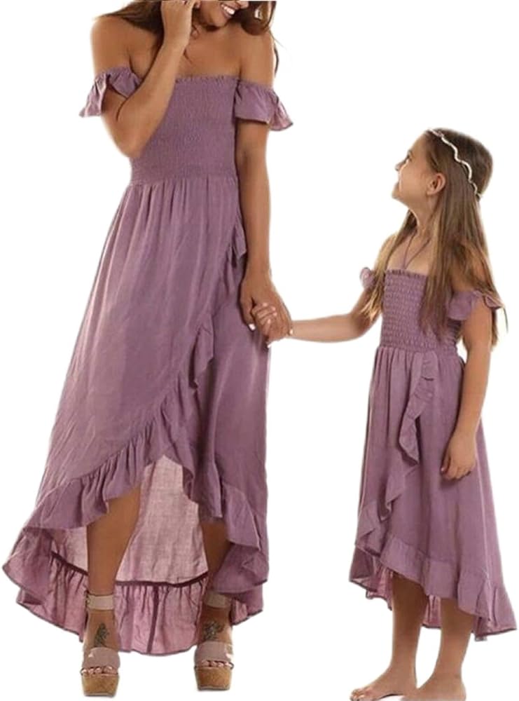 Mommy and Me Dresses Off-Shoulder Ruffle Flowy Irregular Hem Maxi Dress Family Outfits Summer Matching Long Dress