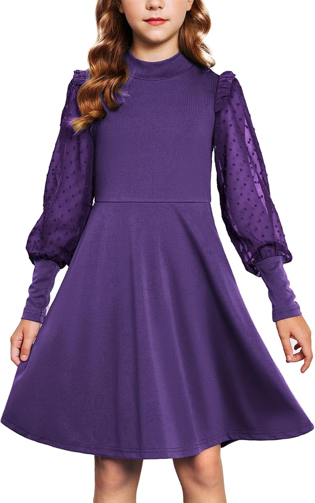 Arshiner Girls Long Sleeve Dress Polka Dots Mesh Party Formal Holiday Midi Dresses with Pockets