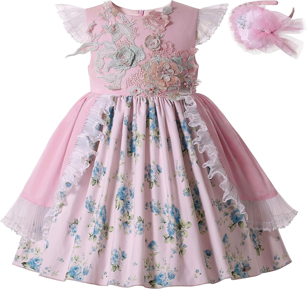 Pettigirl Girl Kids Summer Pink Lovely Sweet Floral Sundress Clothing Trendy Casual Ruffle Tutu Dress with headpiece