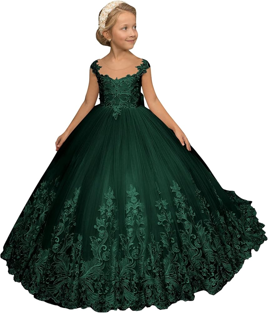 Cute Flower Girl Dress Scoop Neck Pearls Lace Applique Tulle Ball Gown Skirt Long Girls Formal Dress with Bow