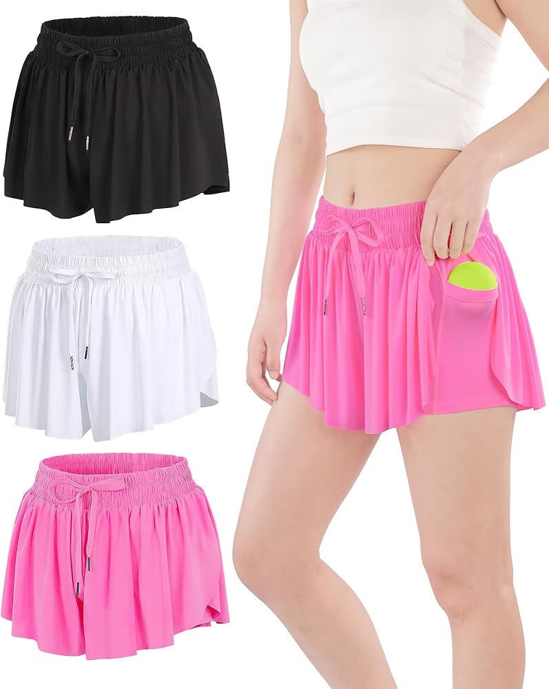 Flowy Shorts for Girls 2-in-1 Butterfly Athletic Shorts with Spandex Liner for Preppy Cheer, Fitness, Tennis, Gym