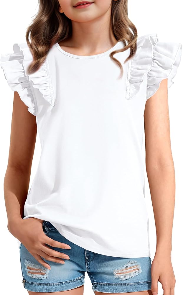 KEREDA Girls Short Sleeve Shirts Summer Tops Cute Double Flying Ruffled Crewneck Blouse Tee