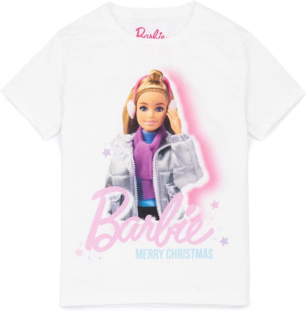 Barbie Girls T-Shirt | Merry Christmas White Short Sleeve Graphic Tee | Seasonal Winter Fashion Top | Festive