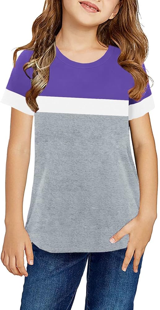 Ecokauer Girls Clothes Casual Striped Summer Short Sleeve Tunic Girls' Tops, Tees & Blouses for Children Cute Little Girls Loose Fashion Tee Shirts Size 10-11 Grey Purple