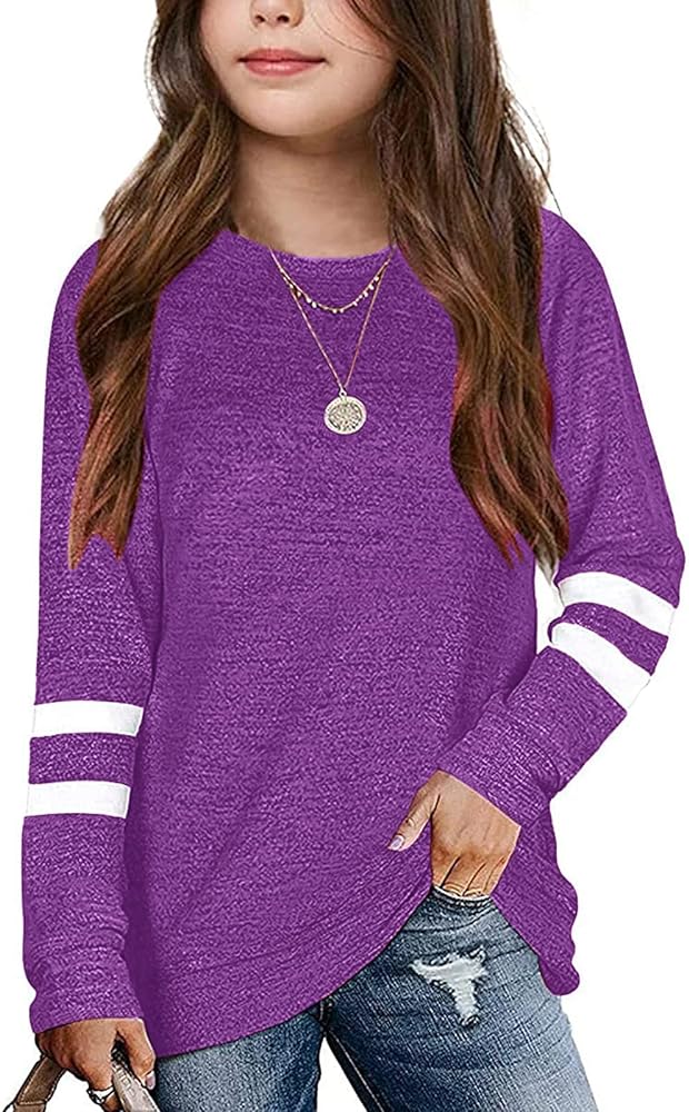 Girls Kids Casual Tops Crewneck Soft Striped Long Sleeve Comfortable Casual Tee Crew Neck T-shirt (Purple, 8-9 Years)