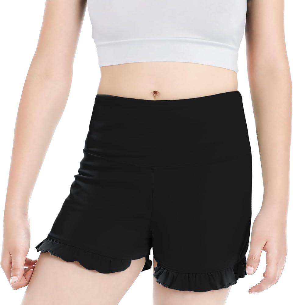 Girls Athletic Ruffle Shorts High Waisted Spandex Shorts Stretch Youth Gymnastics Shorts for Kid Yoga Dance