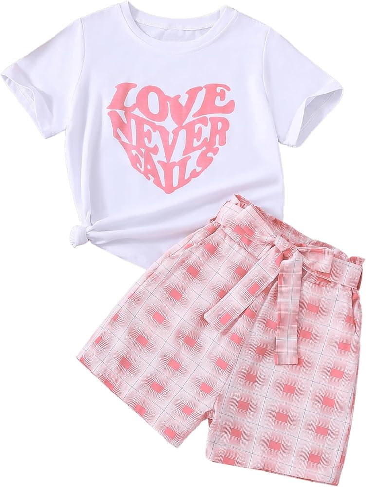 Floerns Girl's Letter Print Tee Shirts Plaid Paperbag Waist Shorts 2 Piece Sets