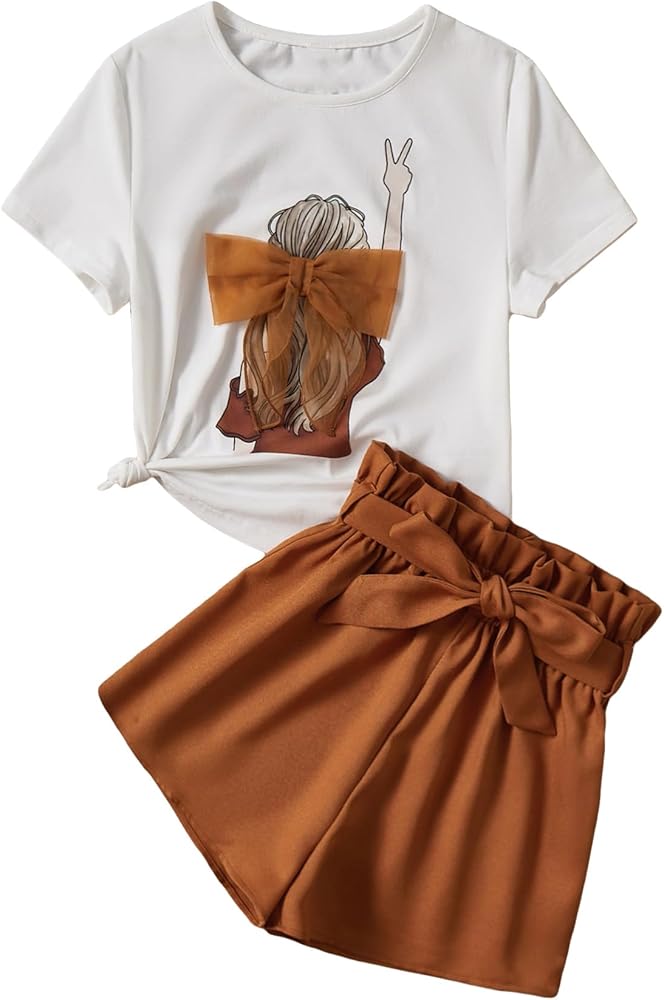 SOLY HUX Girl's Graphic Print Bow Front Tee and Paperbag Waist Belted Shorts Summer Two Piece Outfit