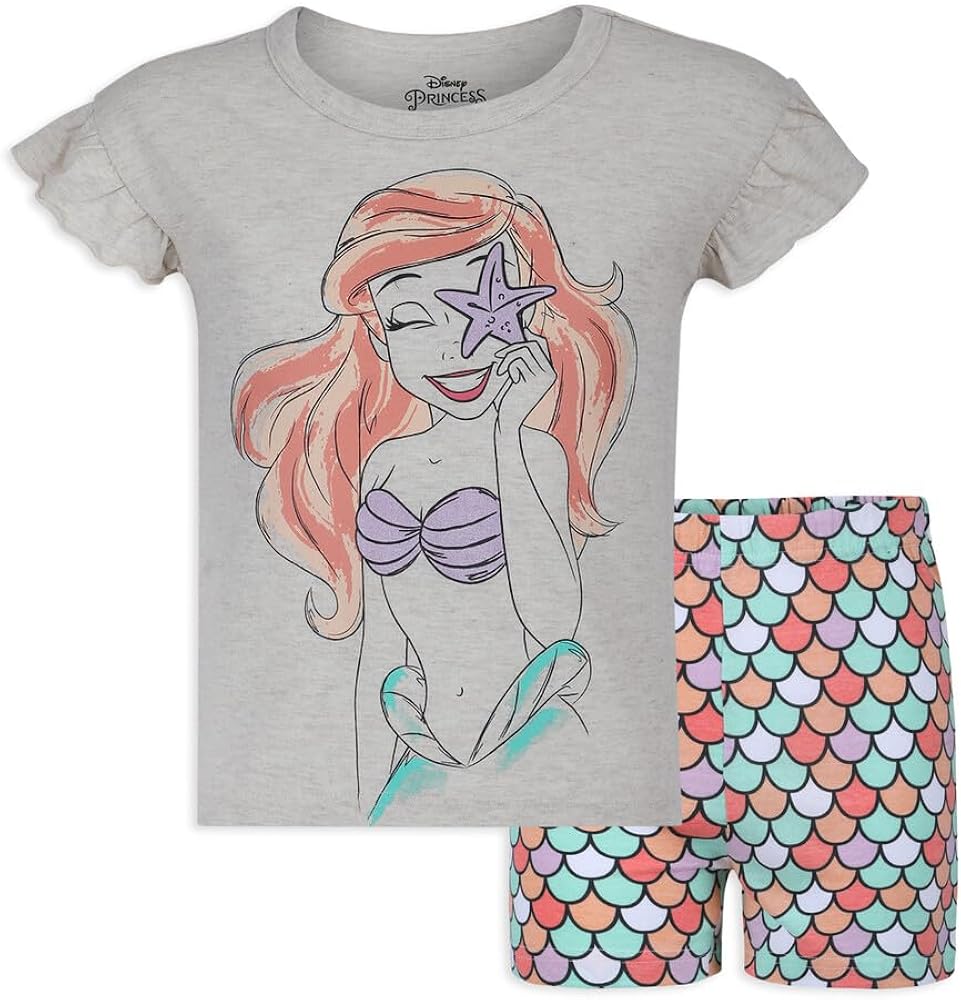 Disney The Little Mermaid Ariel Girls’ T-Shirt and Short Set for Toddler and Little Kids – Beige/Multicolor