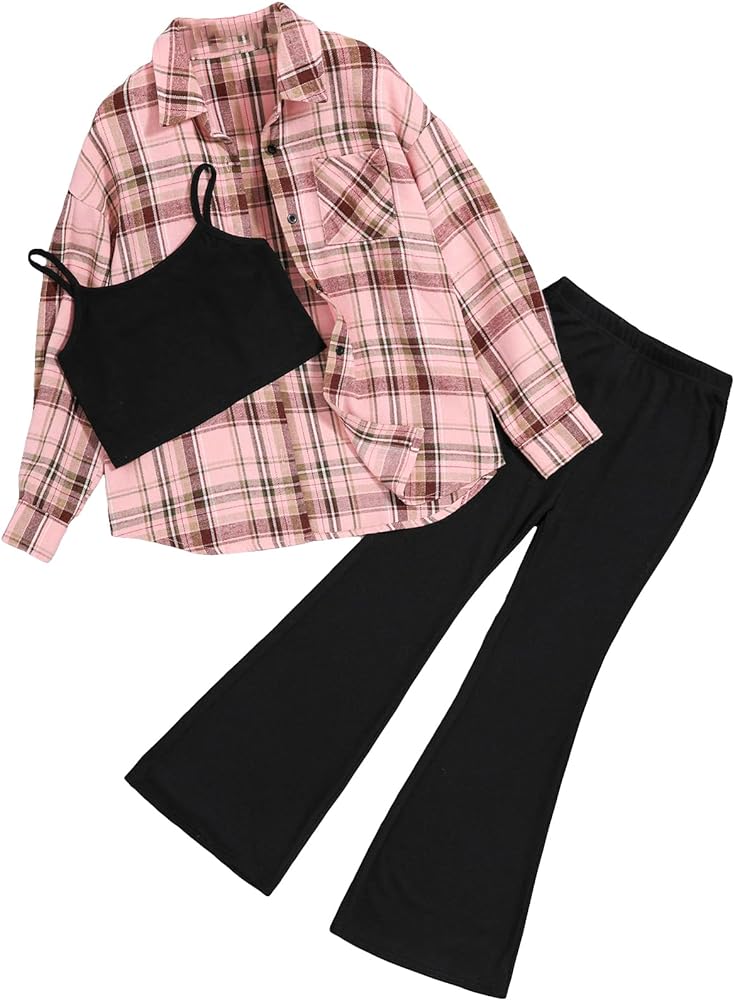 Floerns Girls 3 Piece Outfits Bell Bottom Outfit Cami Top and Flare Pants Set with Plaid Print Shirt