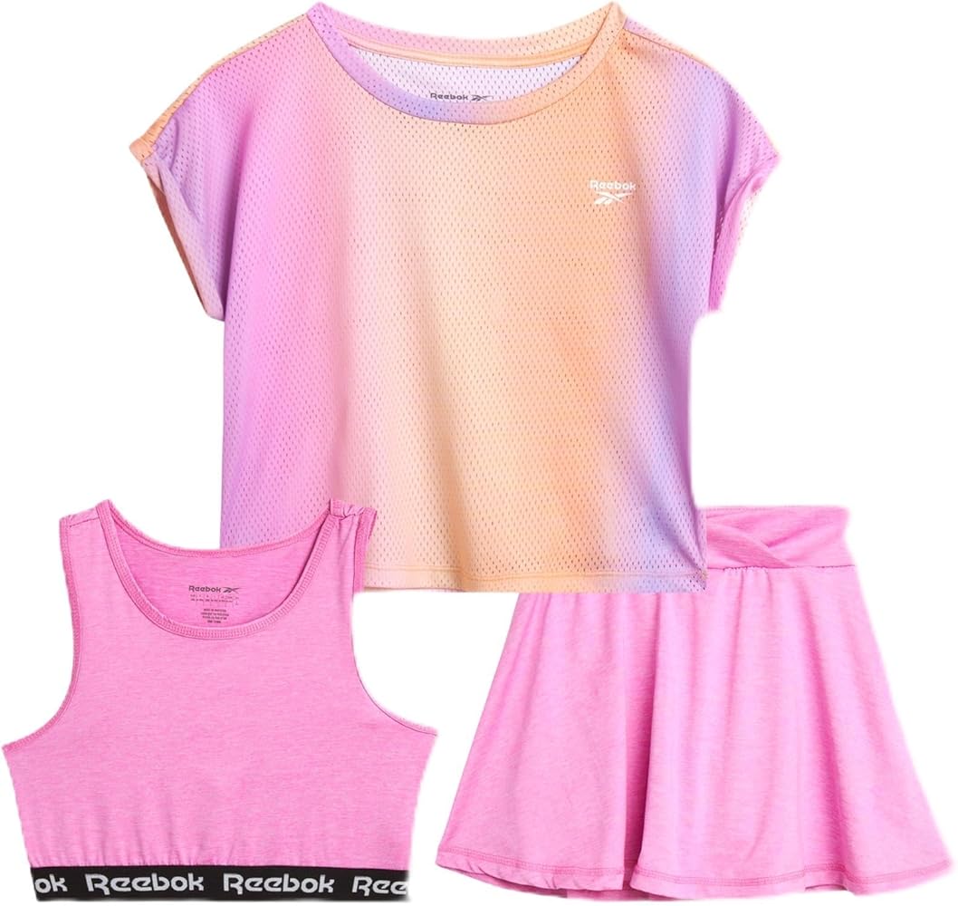 Reebok Girls' Active Skirt Set - 3 Piece Mesh T-Shirt, Crop Tank Top, and Athletic Skort - Girls Summer Activewear Set (7-12)