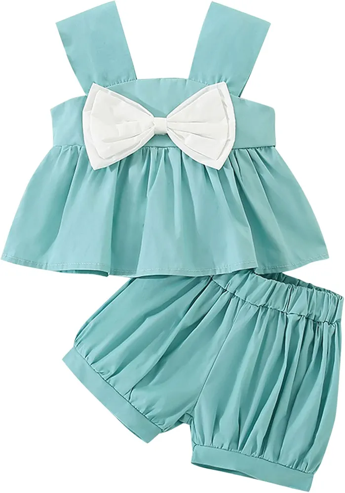 Summer Toddler Girls Sleeveless Bowknot Tops Shorts Two Piece Outfits Set for Kids Clothes (Blue, 2-3 Years)