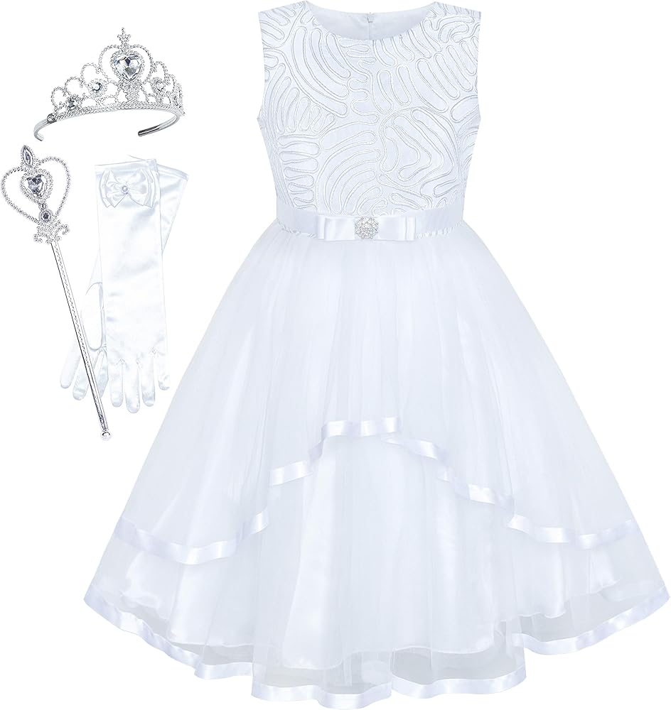 Sunny Fashion Flower Girls Dress Off-White Princess Crown Dress Up Party