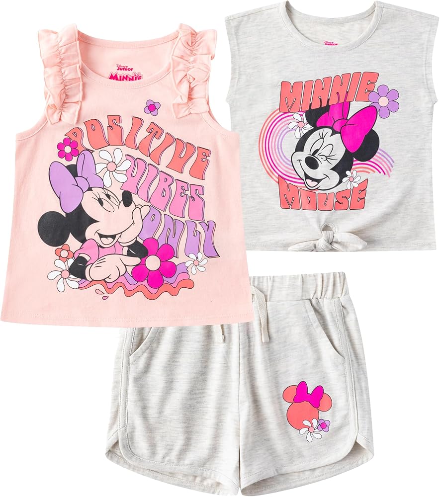 Disney Minnie Mouse Girls 3 Piece Short Sleeve T-Shirt, Tank Top, and Shorts Set for Toddler and Big Kids