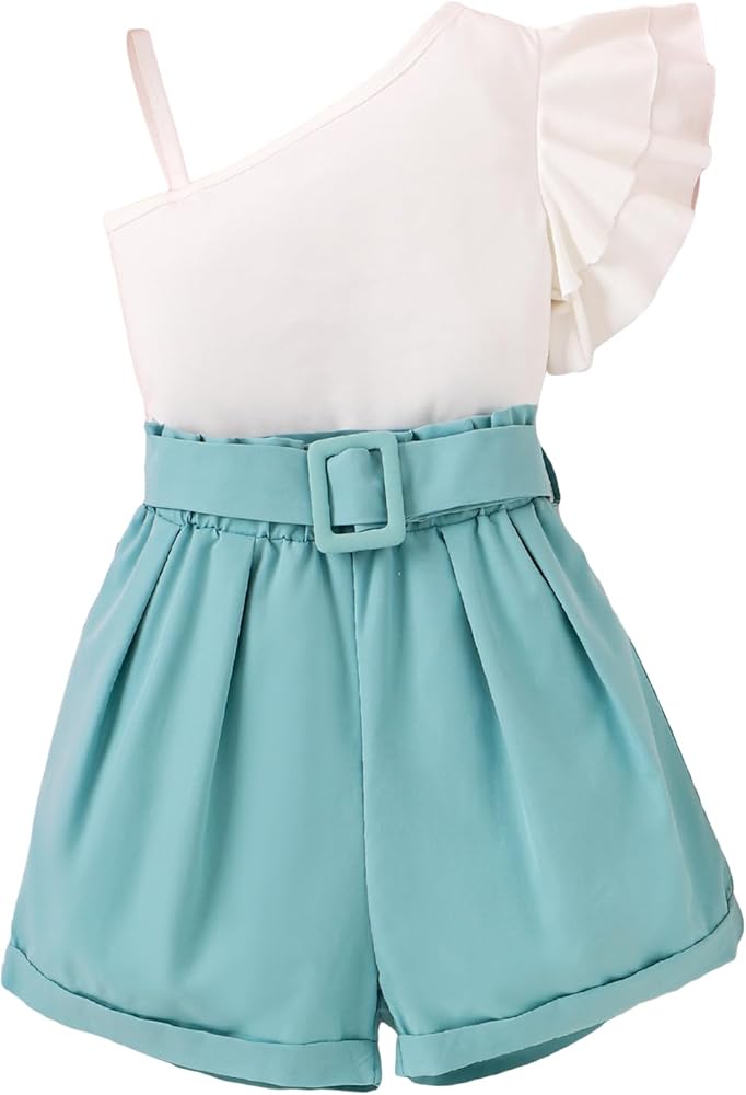 OYOANGLE Girl's 2 Piece Outfits Asymmetrical Neck Ruffle Short Sleeve Top and Paperbag Waist Belted Shorts Set