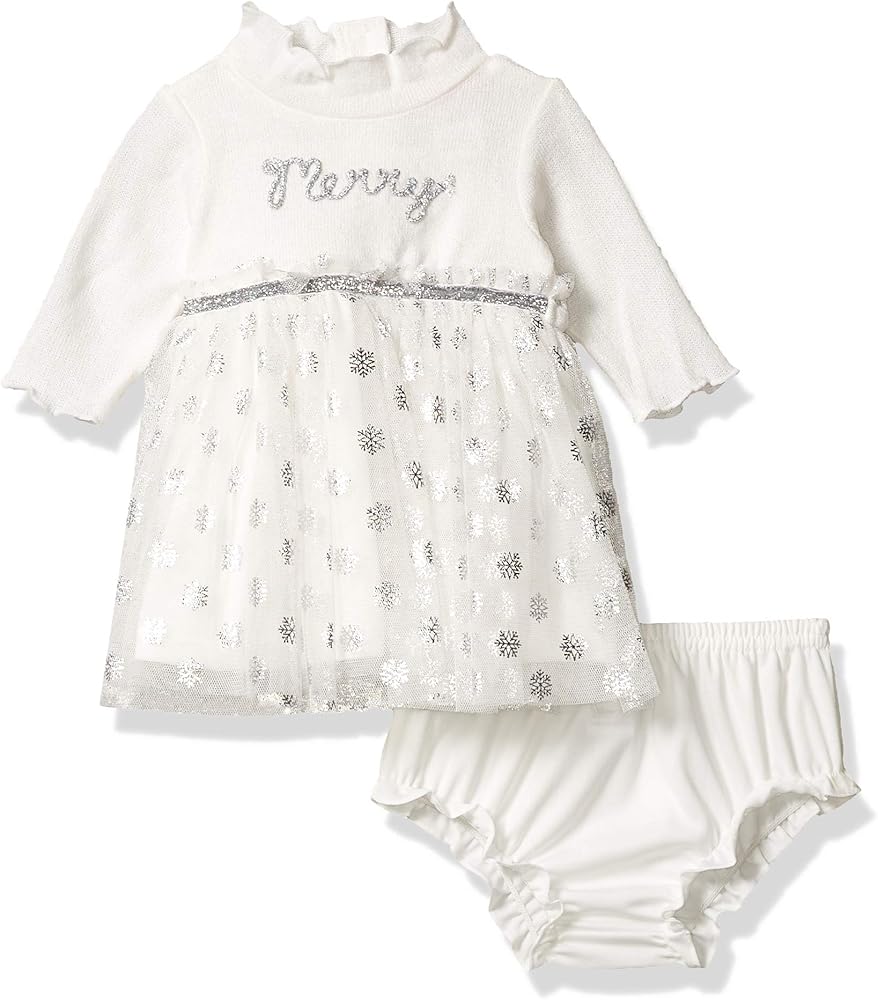 Youngland Baby Girls' Brushed Sweater Knit with Glitter Mesh Tutu Dress and Diaper Cover, White, 6-9M