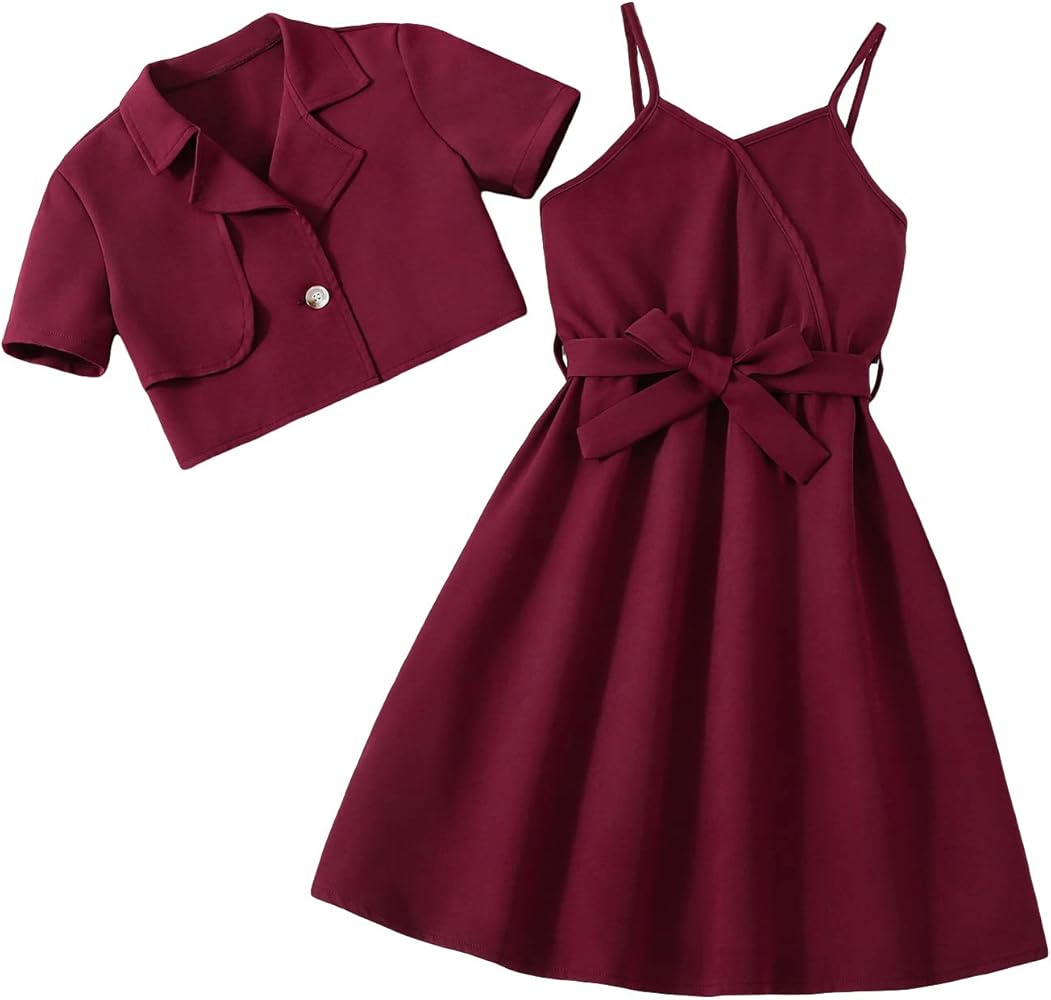 OYOANGLE Girl's 2 Piece Outfits Lapel Neck Button Front Blouse and Belted Cami Dress Set