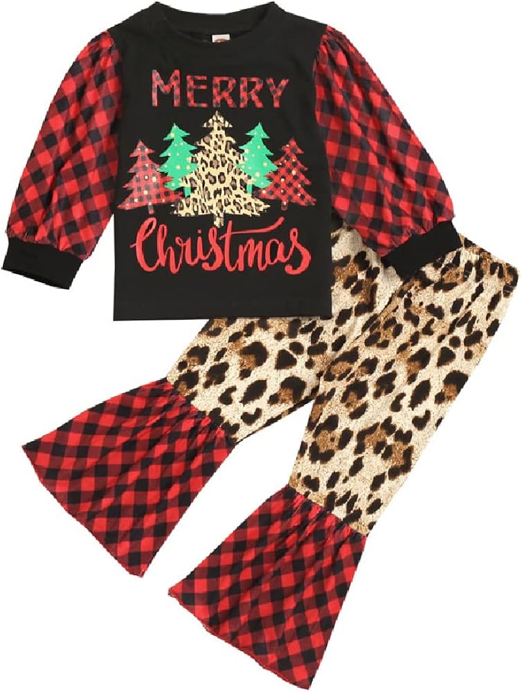 Quenny new girls' Christmas leopard-print flared pants suits,children's Christmas tree leopard pants suits.