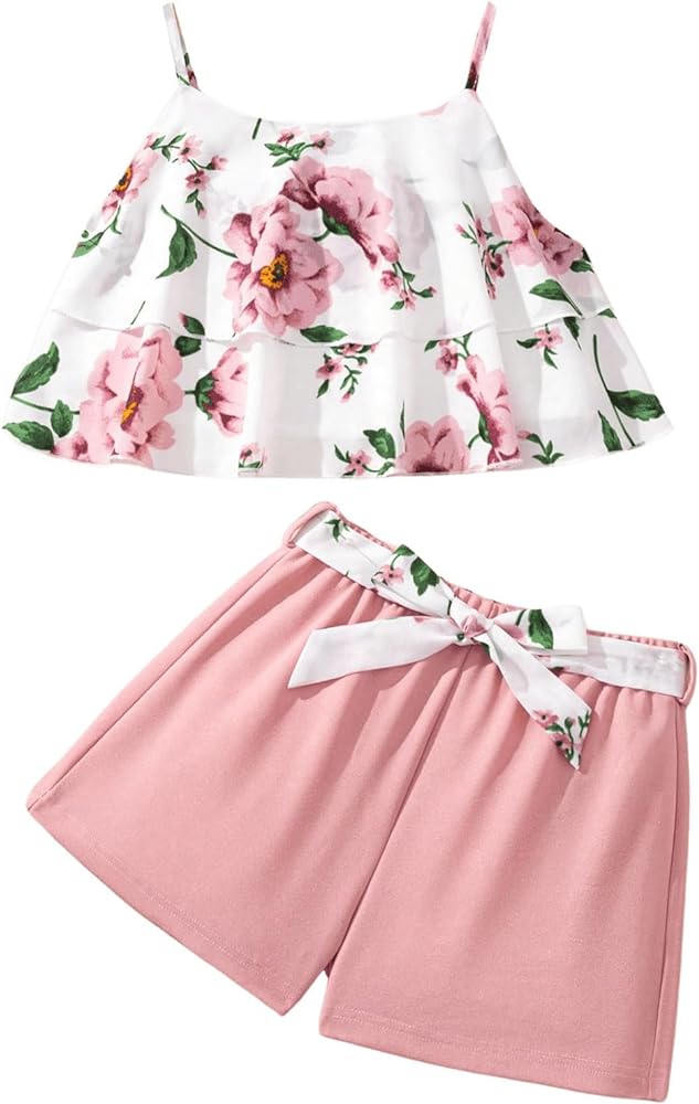 SweatyRocks Girl's 2 Piece Floral Print Ruffle Cami Tops and Belted Shorts Set Summer Outfits