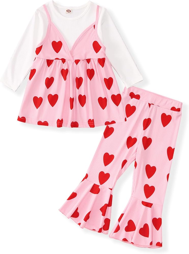 Toddler Girl Valentines Day Outfits Love Heart Shirt Tops Ribbed Flared Pants Little Girls Spring Fall Clothes Set