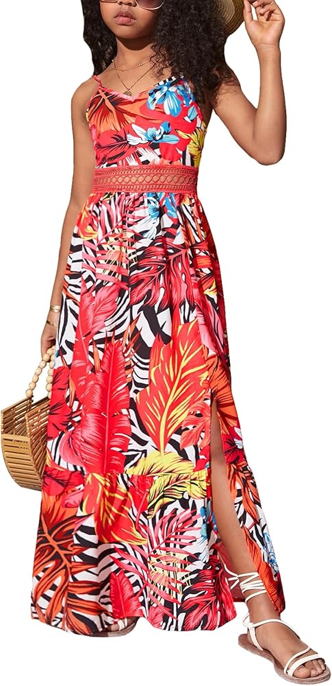 Girl's Tropical Print Spaghetti Strap Cami Dress Sleeveless High Waist Slit Thigh Maxi Dresses